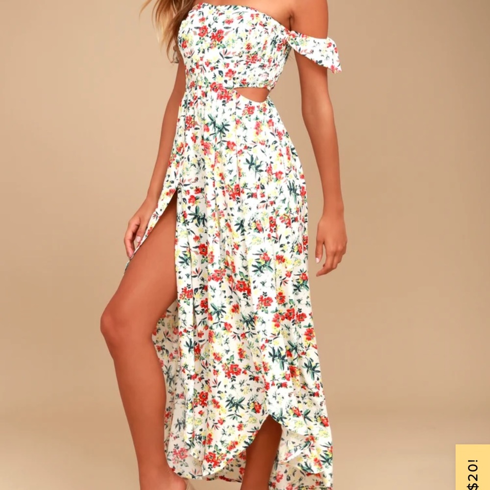 Easy on the Eyes LuLus Large Cream Floral Print Off the Shoulder Maxi Dress